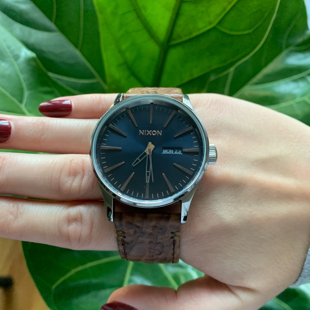 Nixon Sentry Leather Navy and Rose Gold Watch